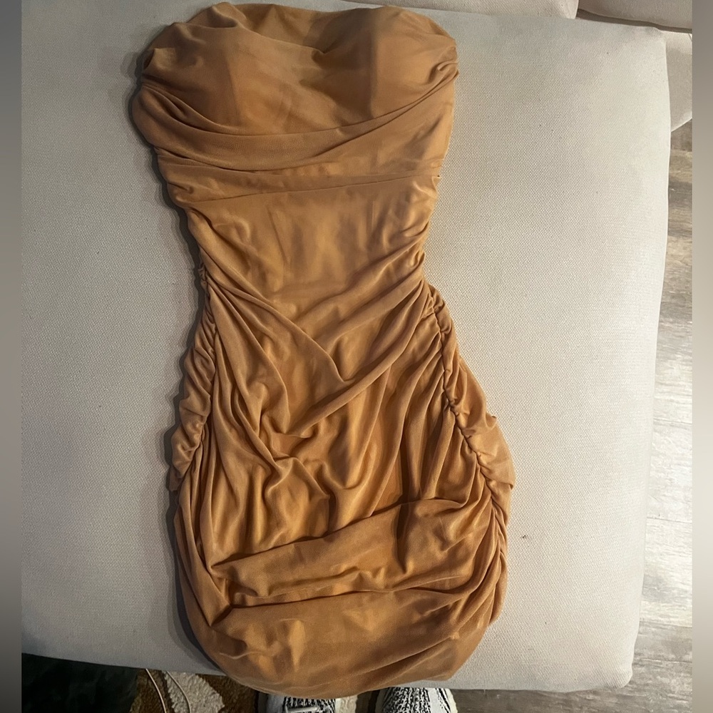 Oh Polly Strapless Tan Dress